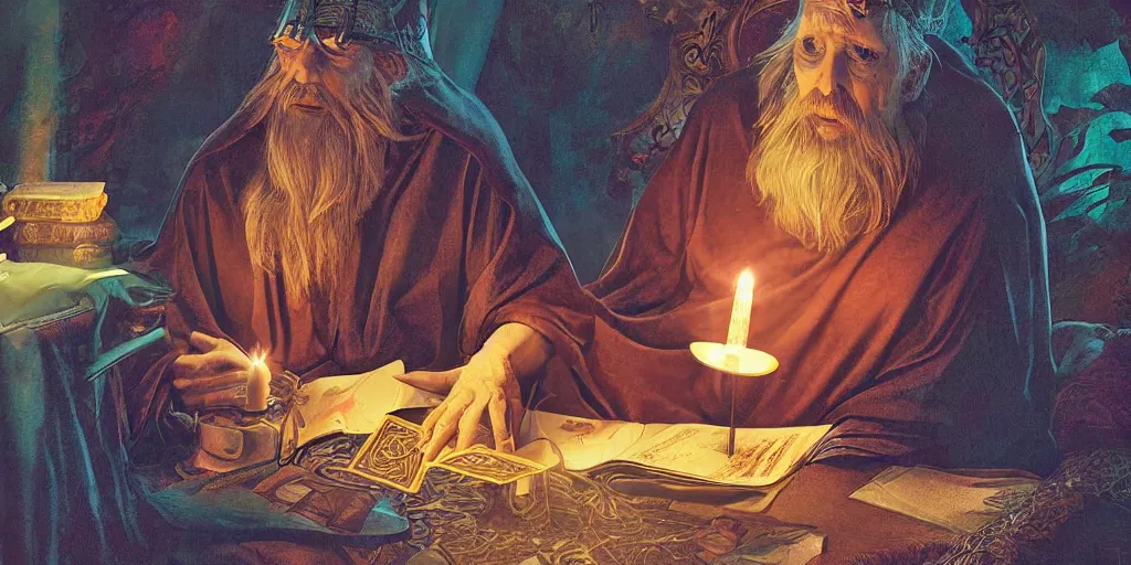 Image similar to wizard performing a tarot reading, cards, fantasy, digital art, soft lighting, 8 k