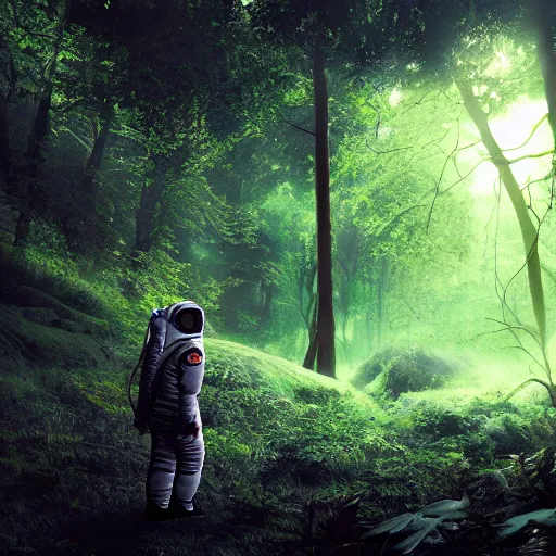 Image similar to an astronaut scans the lush forest, digital art, epic composition, highly detailed, cinematic lighting