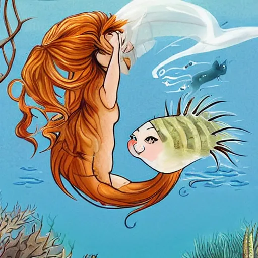 Image similar to A cat mermaid hybrid chasing a puffer fish