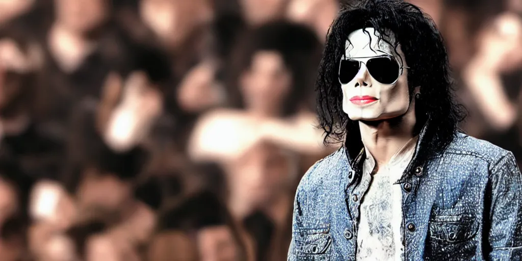 Prompt: michael jackson 2 0 0 9 wearing shades, this is it, photo real, motion blur, solo dancing on stage, by himself, real life, spotted, ultra realistic face, accurate, 4 k, movie still, uhd, sharp, detailed, cinematic, render, modern