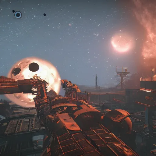 Image similar to the international space station in ruins post - nuclear war in fallout 4, in game screenshot