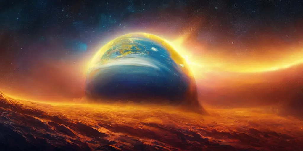 Prompt: a detailed matte painting of a marble - like water planet with continents orbiting a yellow sun in a sea of stars surrounded by colorful swirling gas clouds, by petros afshar, jessica rossier and alena aenami, trending on artstation, deviantart, planet, clouds, earth, exoplanet, stars, nubulae hubble, 8 k, 4 k