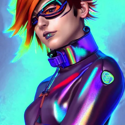 Image similar to portrait bust digital artwork of tracer overwatch, wearing iridescent rainbow latex and leather straps catsuit outfit, neon makeup, in style of mark arian, angel wings, wearing detailed leather collar, chains, black leather harness, detailed face and eyes,