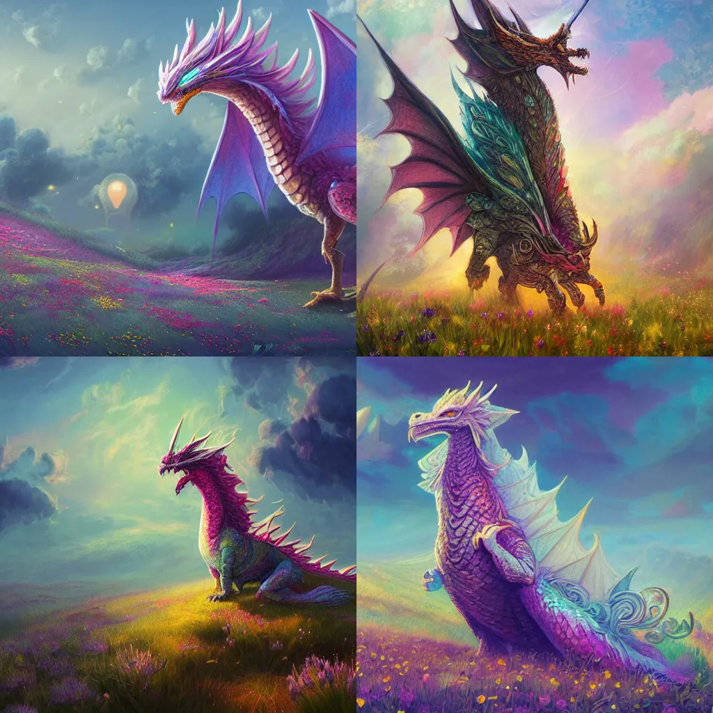 Prompt: beautiful digital fantasy illustration of a closeup giant feathered pearlescent pastel dragon sitting alone in a flower meadow, concept art by greg rutowski, anato finnstark, and rebecca guay, highly detailed, soft lighting, rendered in octane