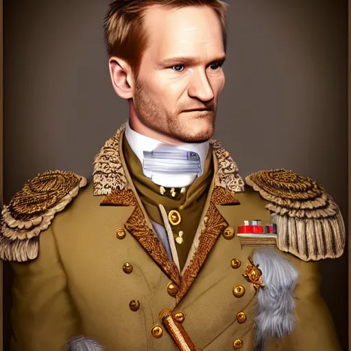 Image similar to full body portrait of Barney Stinson dressed as a prussian general, digital art, highly detailed, award winning, concept art, intricate, sharp focus, masterpiece, Trending on Artstation HQ, unreal engine 5, 4K UHD image