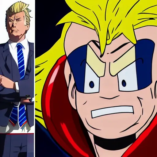 Image similar to donald trump starting in my hero academia ( high detailed, greatly illustrated, good quality, uhd, great render image, 4 k )