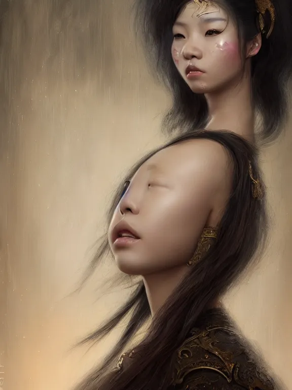 Prompt: beautiful portrait of a Chinese-French mixed race female wearing fantasy minority costume, ivory skin, dark brown long hair, dark brown eyes, ,intricate, elegant, highly detailed, dim volumetric lighting, abstract, 8k,octane,post-processing,digital painting, trending on artstation, concept art, smooth, sharp focus, illustration,by Tom Bagshaw and Daniel Gerhartz and Albert Aublet and Lawrence Alma-Tadema