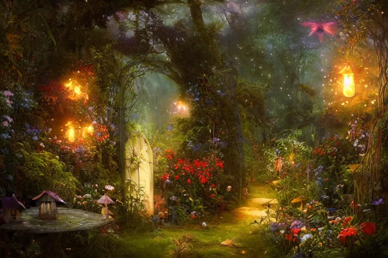 Image similar to gateway to fairyland, fireflies, mushrooms, multicoloured flowers, the secret garden. the hidden garden. private garden. andreas achenbach, artgerm, mikko lagerstedt, zack snyder, tokujin yoshioka