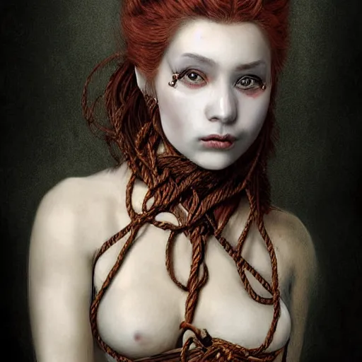 Image similar to portrait of a Shibari rope wrapped face and neck, headshot, insanely nice professional hair style, dramatic hair color, digital painting, of a old 18th century, tourist, witch, amber jewels, baroque, ornate clothing, scifi, realistic, hyper detailed, child, chiaroscuro, concept art, art by Franz Hals and Jon Foster and Ayami Kojima and Amano and Karol Bak,