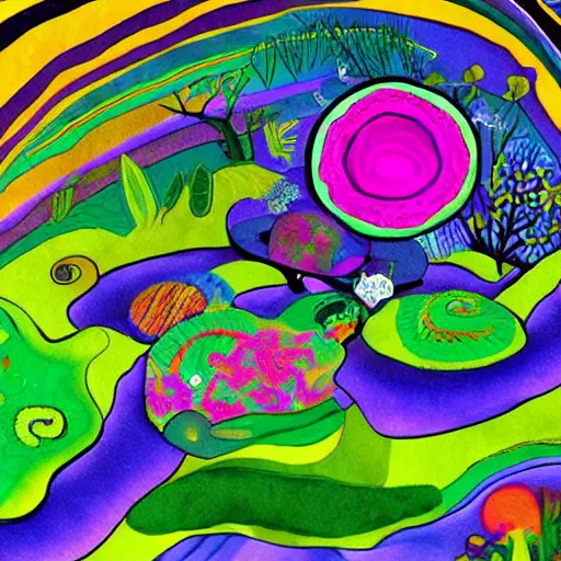 Image similar to psychedelic couch in the lush forest, planets, flowers, milky way, sofa, cartoon by eric carle