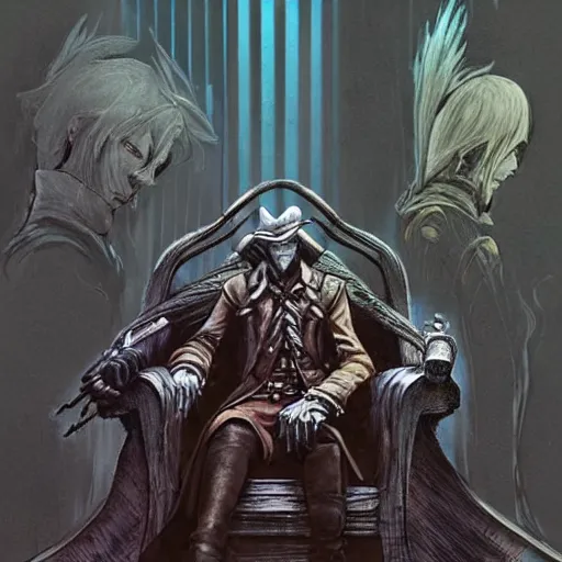 Image similar to hunter from bloodborne sitting next to each other in a room, retrofuturism, sitting next to each other in a room, concept art by yoshiyuki tomino, by yoshiyuki tomino, cg society contest winner, behance contest winner, toonami, redshift, official art, ps 1 graphics