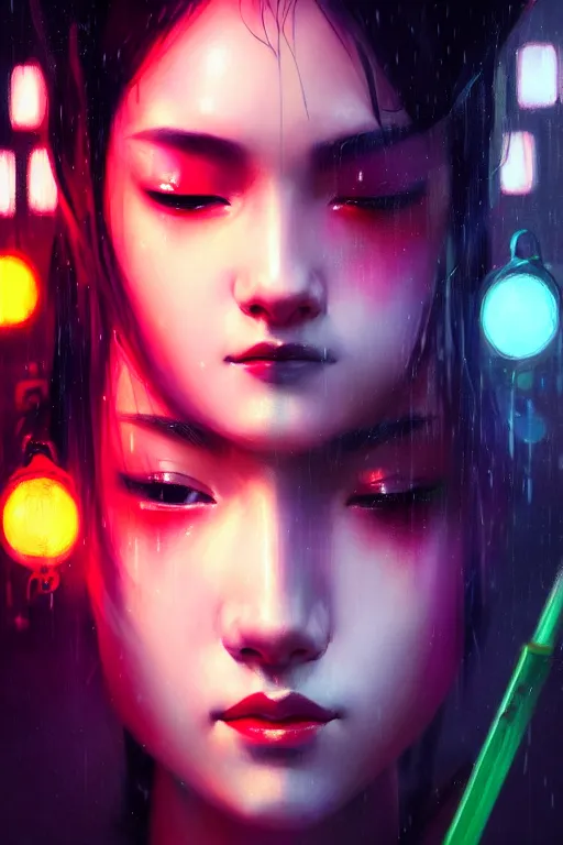 Image similar to photography face close - up portait of a beautiful young cyberpunk geisha half body in a kimono and with an white umbrella in city with neon lights, ambient lights, rainy day, digital painting, art station, by greg rutkowski