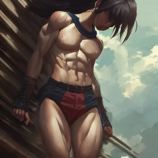 Image similar to anime girl with muscles, highly detailed, muscular, digital art, pixiv fanbox, artstation, by greg rutkowski, wlop, miyazaki hayao