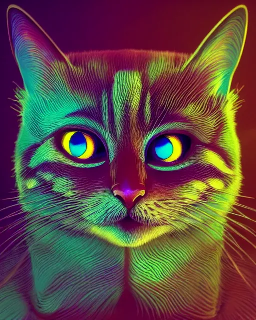 Prompt: psychedelic 6 0 s portrait of funny giant cute eyes kitten, intricate abstract. intricate artwork, by tooth wu, wlop, beeple, dan mumford. concept art, octane render, trending on artstation, greg rutkowski very coherent symmetrical artwork. cinematic, key art, hyper realism, high detail, octane render, 8 k, iridescent accents