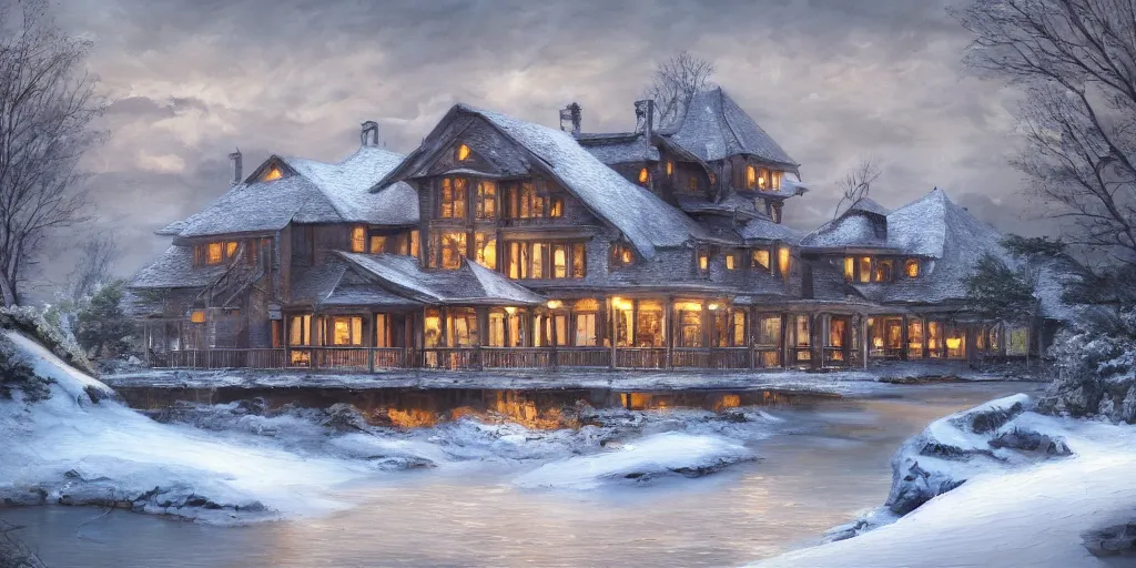 Image similar to an oil painting of a lakehouse in winter, masterpiece, highly detailed, high quality, 4 k, anatomically correct, hyperrealistic, concept art, octane render, unreal engine 5, trending on artstation, trending on deviantart, matte, historical painting, fantasy style, path traced, high coherence, soft lighting, digital painting, mythical