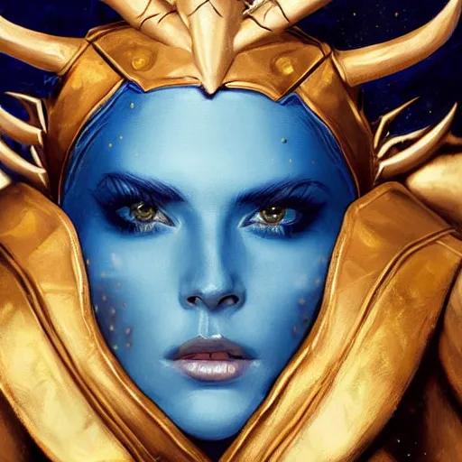 Image similar to painting of a woman in elaborate blue and gold armor with spiked horns on her helmet, painting by Charlie Bowater and WLOP