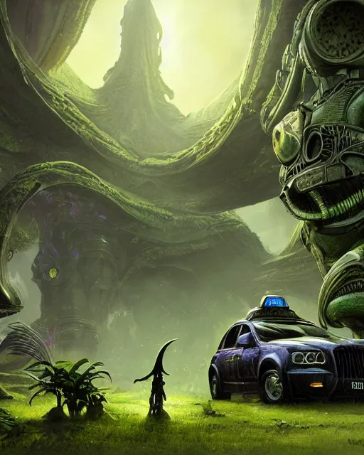 Image similar to xenomorph taxi car in a fantasy village, calming, uplifting mood, ultra realistic, farm, small buildings, highly detailed, atmosphere, masterpiece, epic lighting, elves, green plants, magic, illuminated, 4 k, cinematic, morning sun, art by eddie mendoza and sylvain sarrailh and jonathan berube