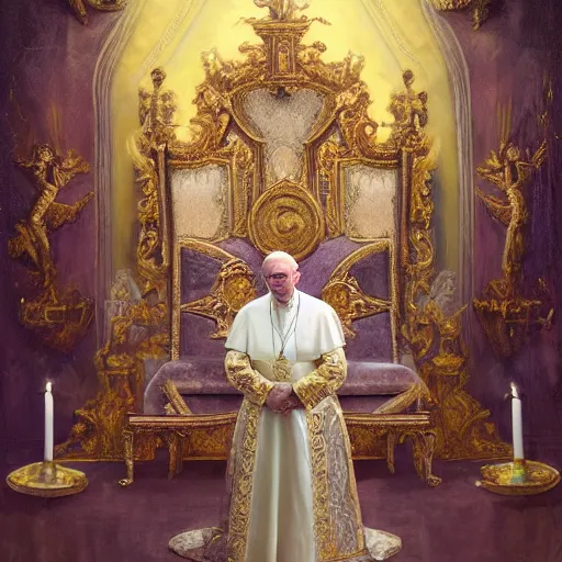 Image similar to kneeling before the pope, royal robe, gold trim, light effect, hyper detailed, intricate, atmospheric, elegant, photorealistic by paul lehr, marco mazzoni, featured on cgsociety, rococo, whimsical, artstation