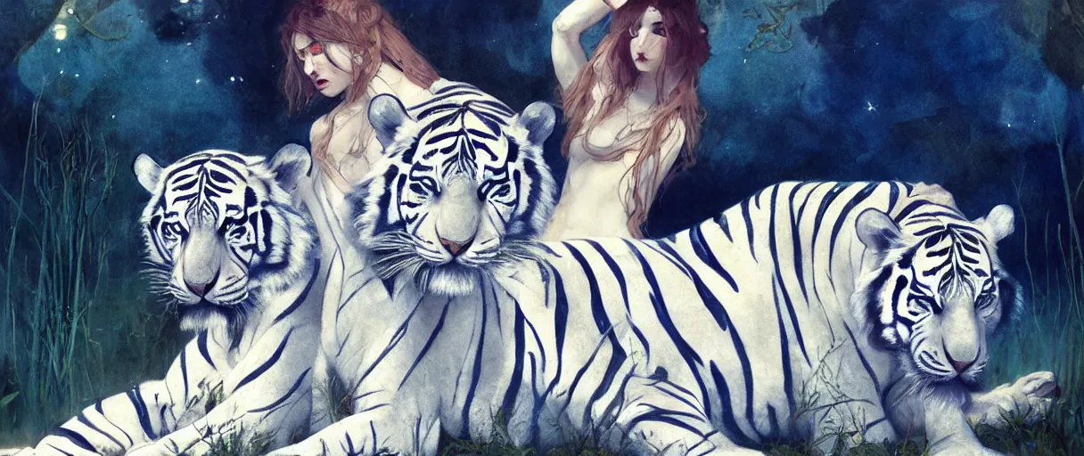 Image similar to Beautiful elegant queen, white and blue tigers, magic, by jeffrey jones, Edmund Dulac, John Baer, kay neilsen, trending on artstation, Tom Bagshaw, Sargent