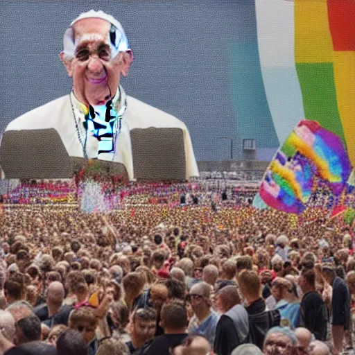 Image similar to Pope Francis at the Pride, photograph, hyper detailed, wide angle