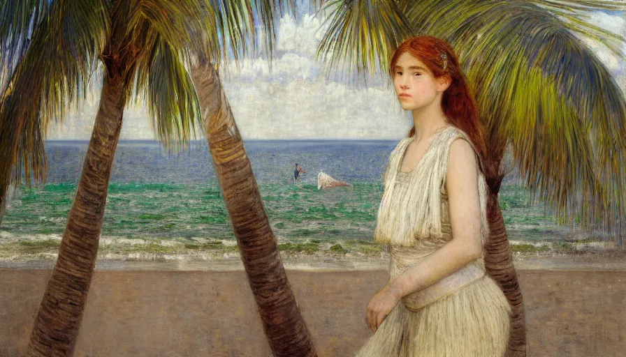 Image similar to a ultradetailed beautiful painting of a girl in the amazonas palace designed by jules bastien - lepage, hans belmer, frank weston and gustave baumann, beach, trending on artstation, mediterranean, palm trees, light sparkles, sharp focus, soft light, 8 k 4 k