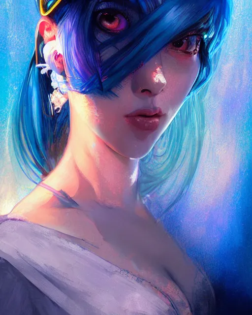 Image similar to pretty girl with blue hair, dj girl, in a club, laser lights background, sharp focus, digital painting, 8 k, concept art, art by wlop, artgerm, greg rutkowski and alphonse mucha