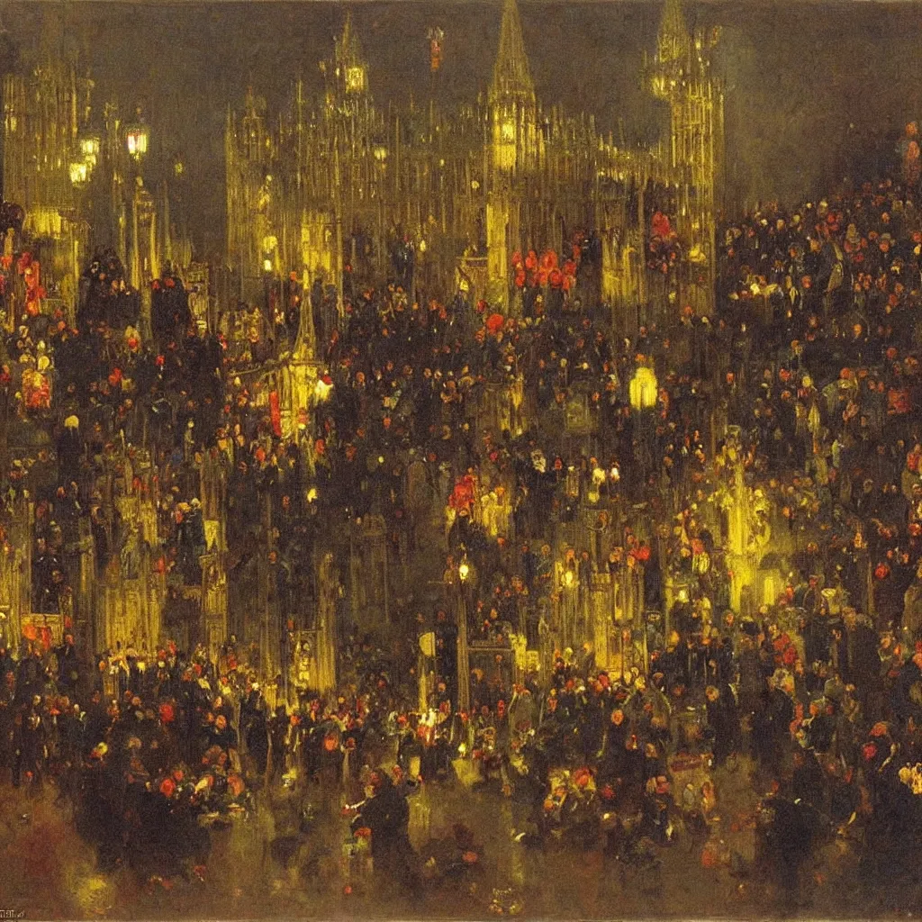 Prompt: the houses of parliament, menacing lighting, 1915, brightly colored highly detailed oil on canvas, by Ilya Repin