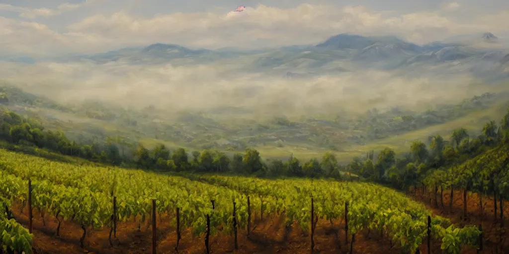 Prompt: a beautiful landscape painting of a sprawling vista with vineyards, foggy atmosphere, by zohar flax, oil on canvas, highly detailed, hd, 4 k