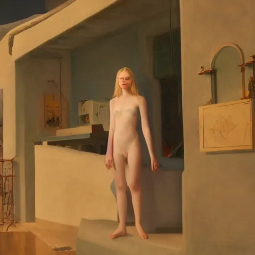 Prompt: Elle Fanning in Santorini in the world of Adam Wyeth, stormy weather, extremely detailed masterpiece, oil on canvas, low-key neon lighting, artstation, Blade Runner 2049, Roger Deakin’s cinematography, by J. C. Leyendecker and Peter Paul Rubens and Edward Hopper and Michael Sowa,