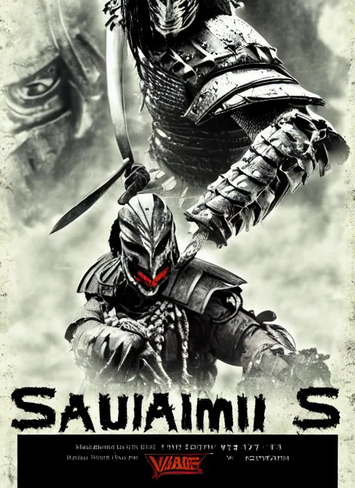 Image similar to movie film poster art for samurai vs predator film staring hiroyuki sanada. in the style of ansel adams, frank frazzetta, warcraft