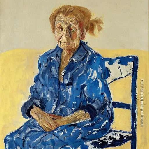 Image similar to painting of an old woman sitting on a chair, staring at you, by georg baselitz