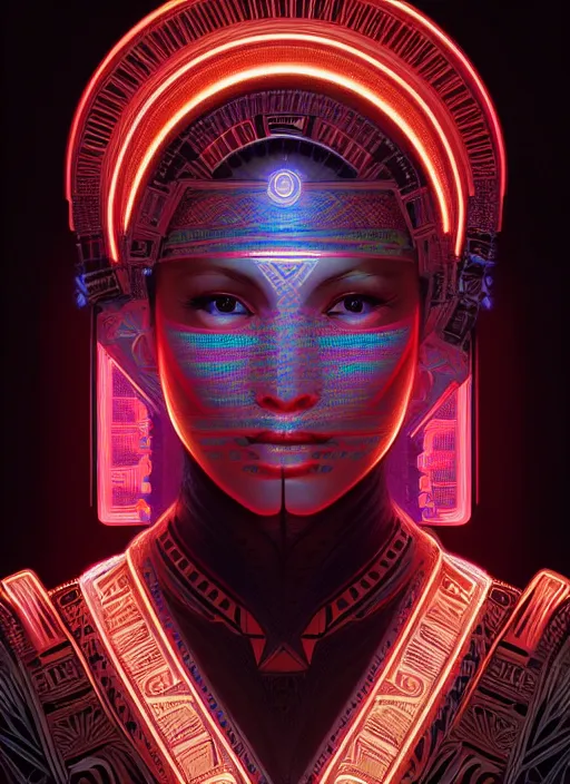 Image similar to symmetry!! portrait of aztec warrior, tech wear, glowing lights!! intricate, elegant, highly detailed, digital painting, artstation, concept art, smooth, sharp focus, illustration, art by artgerm and greg rutkowski and alphonse mucha