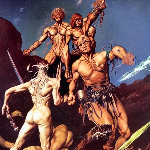 Image similar to baleful falso oath revelations Hesekiel, in the style of Frank Frazetta, Jeff Easley, Caravaggio, extremely clear faces coherent, clear lines, 8K revolution