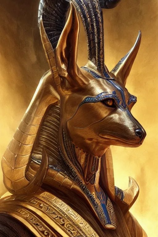 Image similar to ultra realistic illustration, the egyptian god anubis from baldurs gate and diablo, intricate, elegant, highly detailed, digital painting, artstation, concept art, smooth, sharp focus, illustration, art by artgerm and greg rutkowski and alphonse mucha