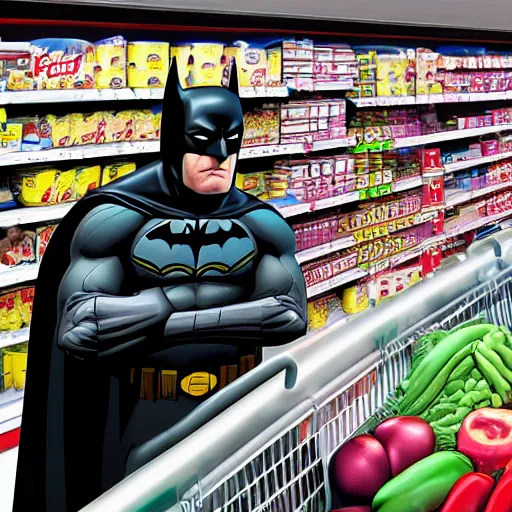 Image similar to Batman In a target buying groceries, HD, high resolution, hyper realistic, 4k, intricate detail