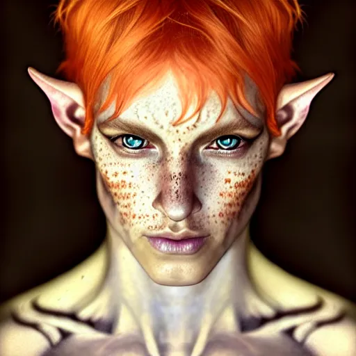 Prompt: portrait painting of an elven eladrin young man with short light orange hair and freckles and tribal tattoos on his cheekbones, ultra realistic, concept art, intricate details, eerie, highly detailed, photorealistic, octane render, 8 k, unreal engine. art by artgerm and greg rutkowski and charlie bowater and magali villeneuve and alphonse mucha