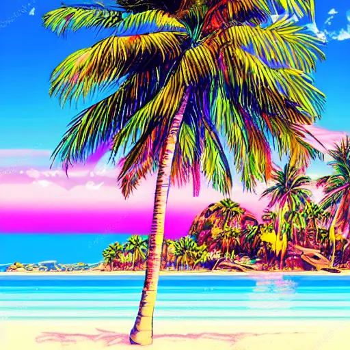 Image similar to synthwave pink beach with palm trees and neon water