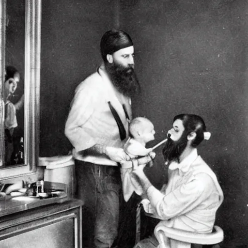Image similar to photo of a barber man with a dark well groomed beard giving a haircut to a slender attractive woman has long straight red orange hair. The woman is feeding a baby