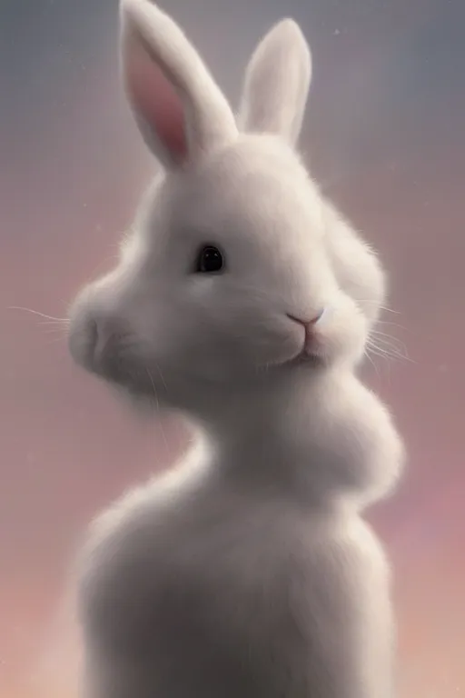 Image similar to white bunny with black spots on face and nose, realistic and ultra intricate detailed soft painting, volumetric lighting, mist, cityscape background, Artstation, Tom Bagshaw Yasushi Nirasawa Moebius artstyle, unreal render, depth of field ,