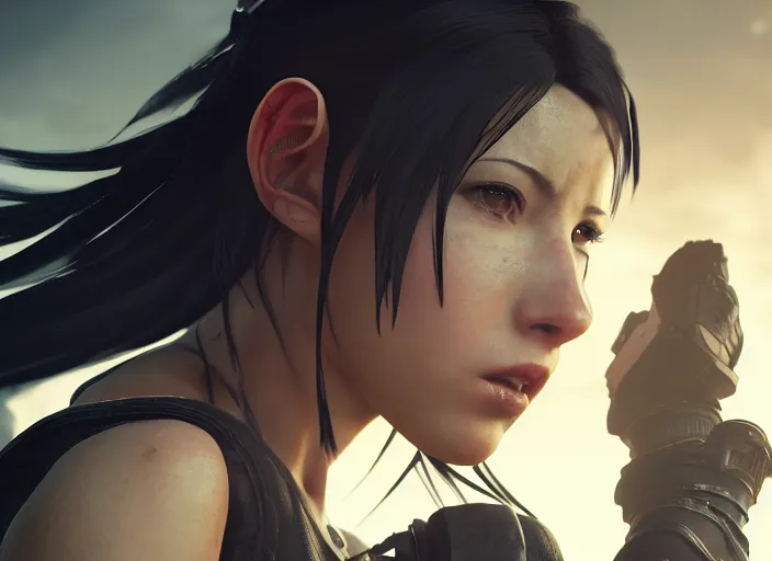 Prompt: close up cinematic artwork of Tifa Lockhart staring down the enemy on the battlefield by Greg Rutkowski, 4k, masterpiece