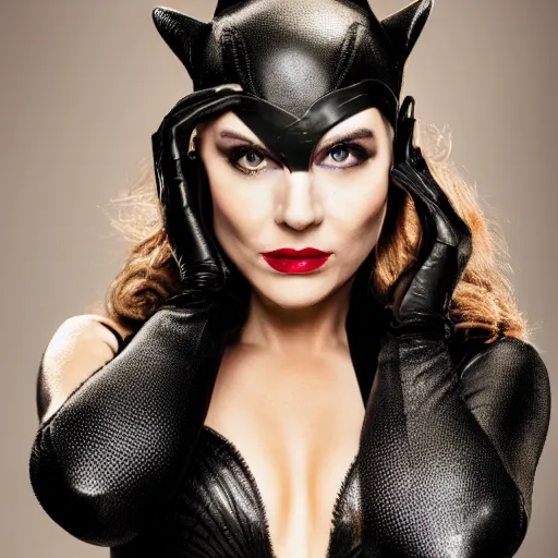 Image similar to full-body portrait of The Queen as catwoman, XF IQ4, 50mm, F1.4, studio lighting, professional, 8K, Look at all that detail!