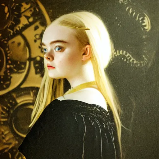 Image similar to a striking esoteric painting of Elle Fanning, dark, metal, black background, occult, by Johannes Vermeer