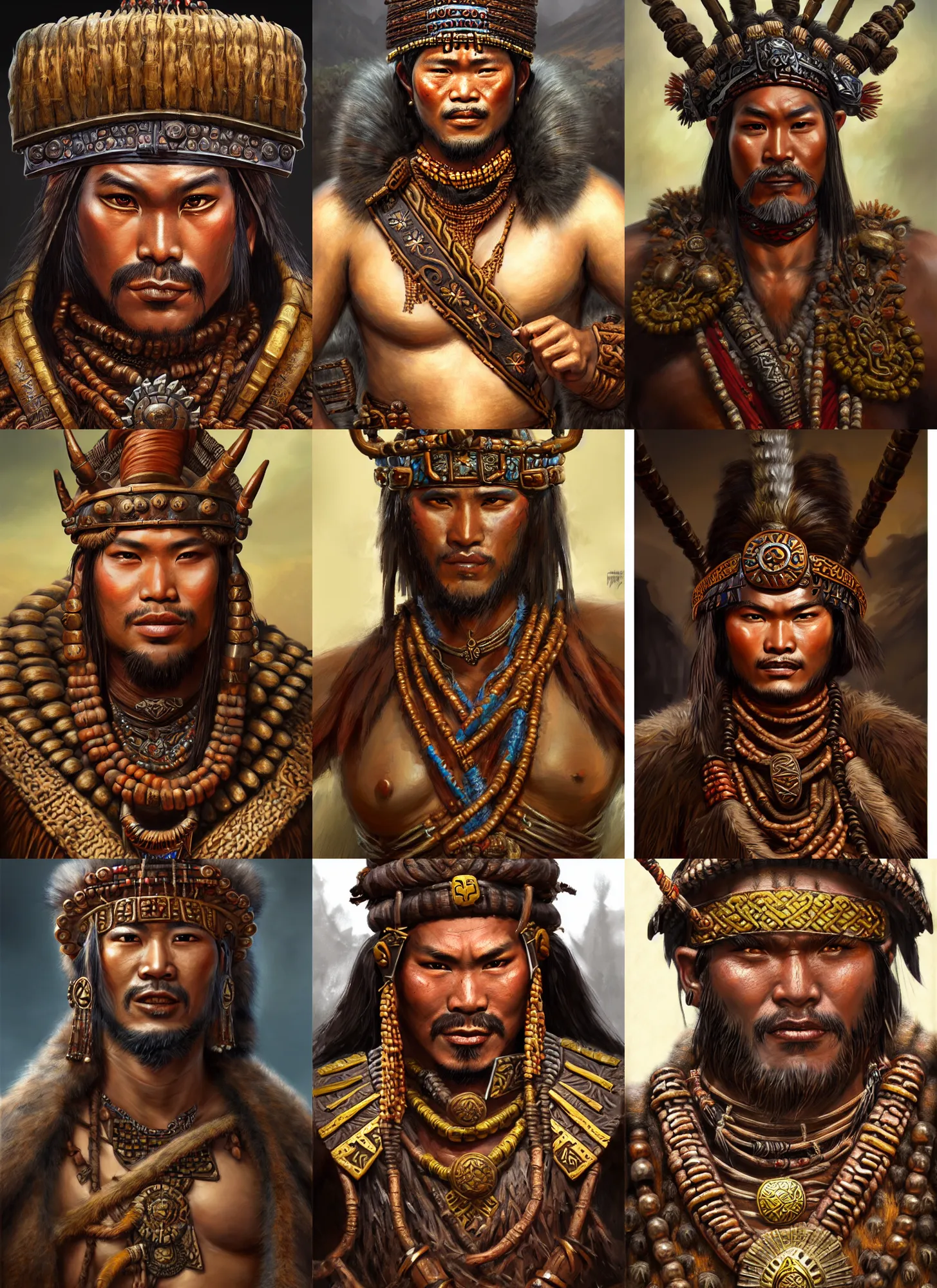 Image similar to tai warlord, closeup portrait, historical, ethnic group, traditional costume, fantasy, intricate, with dong son bronze artifacts, beads cross onbare chest, elegant, loin cloth, highly detailed, oill painting, artstation, concept art, matte, sharp focus, illustration, hearthstone, art by earl norem