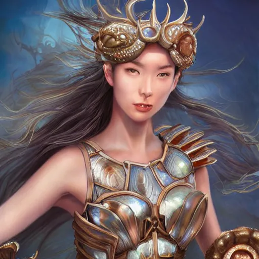 Prompt: fantasy woman wearing an armor covered with seashells emerging from the sea, by Artgerm and Yoshii Chie, medium shot -9