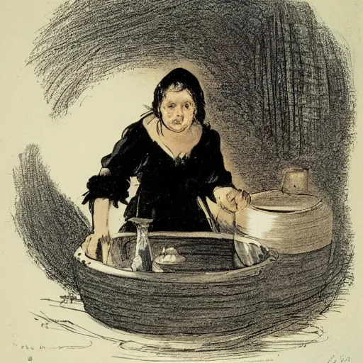 Image similar to An old witch dressed in black making potions in her cauldron. By Francisco de Goya.