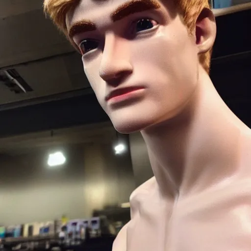 Image similar to “a realistic detailed photo of a guy who is an attractive humanoid who is half robot and half humanoid, who is a male android, twitch streamer Ninja Tyler Blevins, shiny skin, posing like a statue, blank stare”