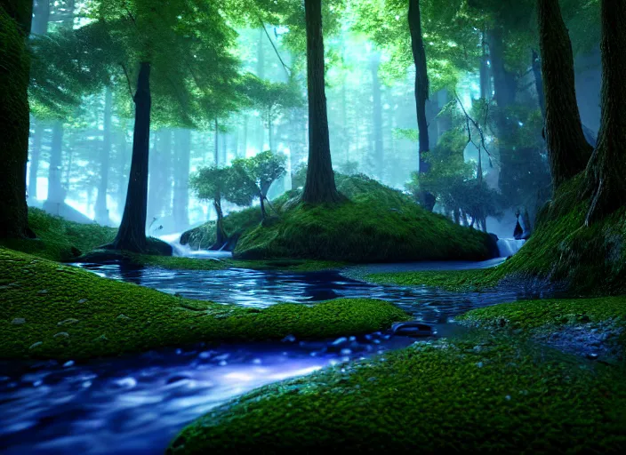 Prompt: hyperrealism, detailed textures, photorealistic 3 d render, a surreal mystical forest with a bright winding blue creek, sharp focus, ultra realistic, ultra high pixel detail, cinematic, intricate, cinematic light, concept art, illustration, art station, unreal engine 8 k