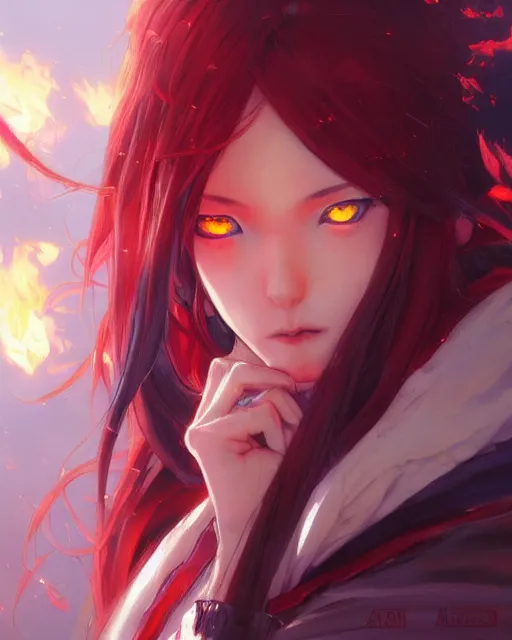 Image similar to red eyed anime girl, flames everywhere, highly detailed, digital painting, artstation, concept art, smooth, sharp focus, illustration, art by artgerm and greg rutkowski and alphonse mucha