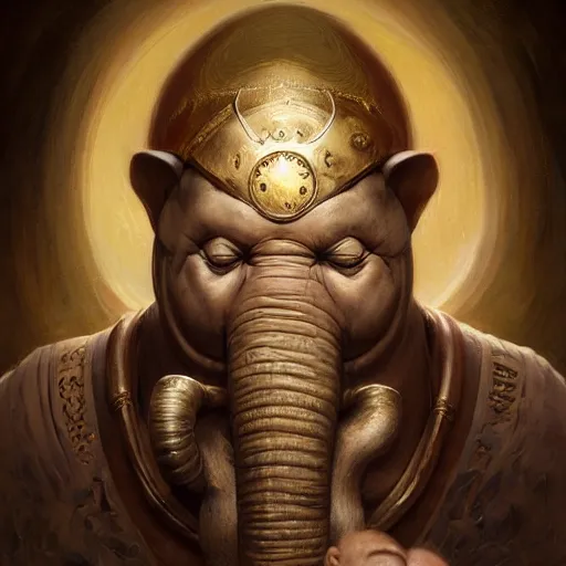 Image similar to fantasy portrait, portly elephant man, wearing loincloth, holding holy symbol, rpg game, main character, detailed, digital painting, artstation, sharp focus, illustration, tomasz alen kopera, peter mohrbacher, donato giancola, joseph christian leyendecker, wlop, frank frazetta