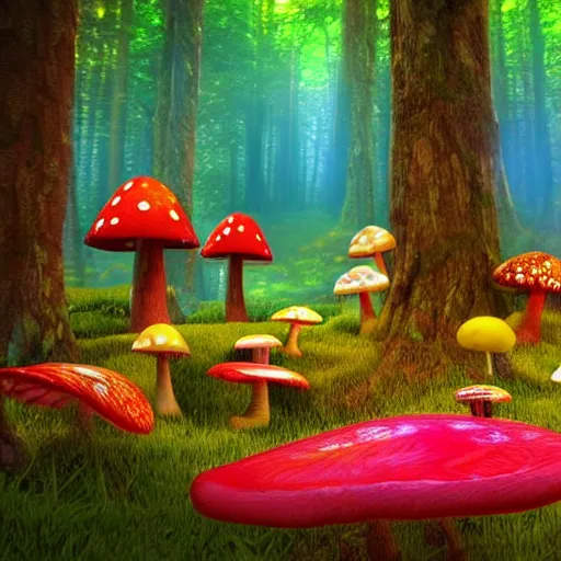 Image similar to a bright magic forest, with multicolored mushrooms and forest creatures dancing in the rain, 4 k, 3 d